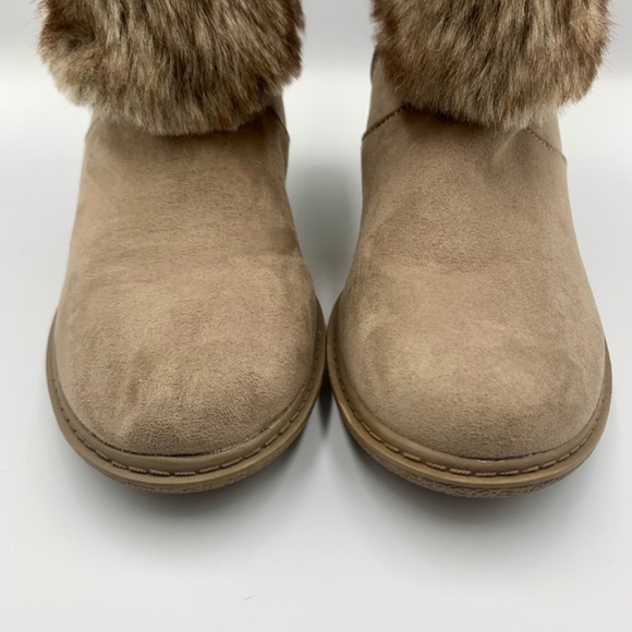 Women’s tan/ beige faux fur trim buckle zippered closure wedge ankle boot boho - Picture 7 of 11